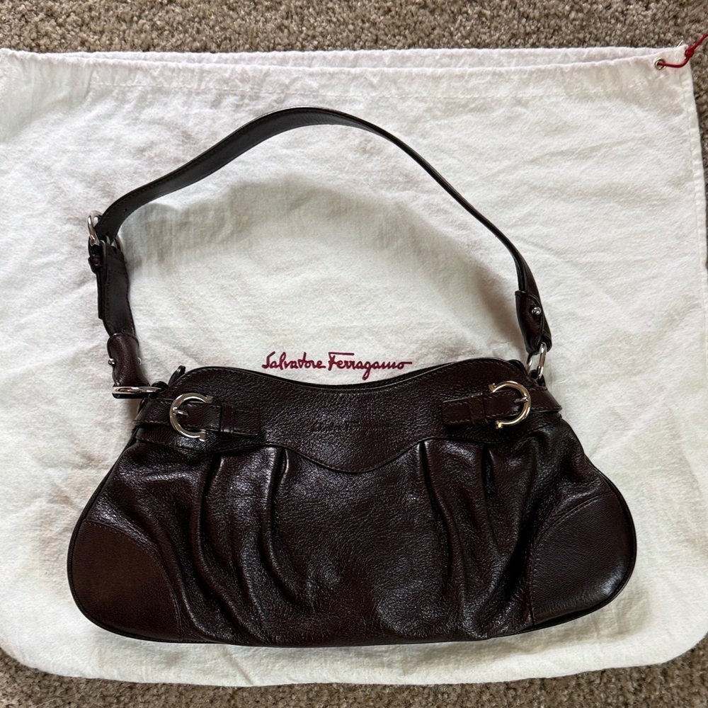 Authentic Salvatore Ferragamo Dark Brown Leather Shoulder Bag NWOT